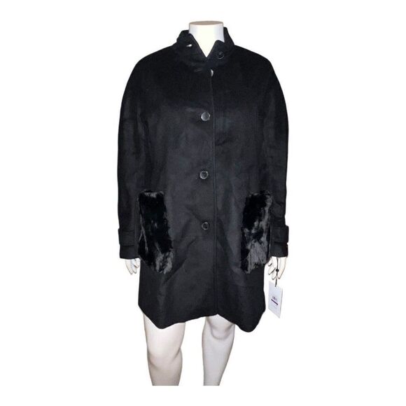 DKNY Women's Faux-Fur-Pocket Walker Coat Black Wool Blend Plus Size 3X NWT - Picture 2 of 10